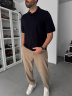Navy Buttoned Knit Polo Collar T-Shirt TW-3349
