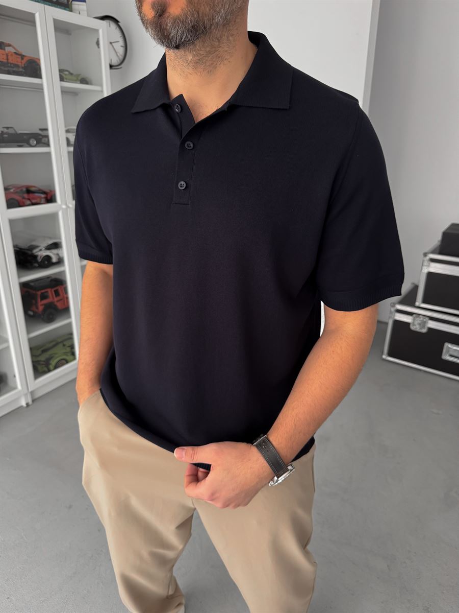 Navy Buttoned Knit Polo Collar T-Shirt TW-3349
