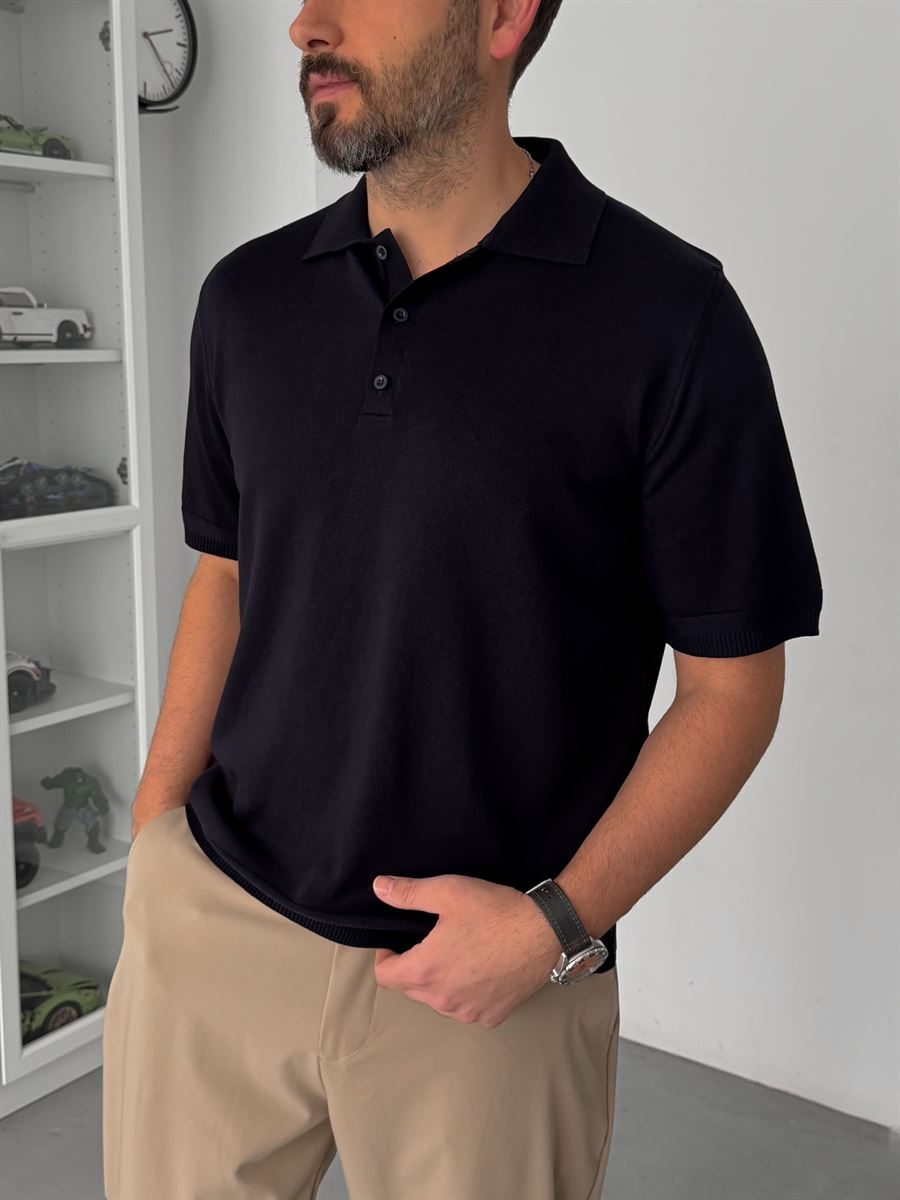 Navy Buttoned Knit Polo Collar T-Shirt TW-3349