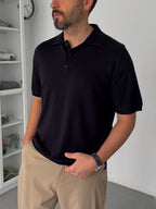 Navy Buttoned Knit Polo Collar T-Shirt TW-3349