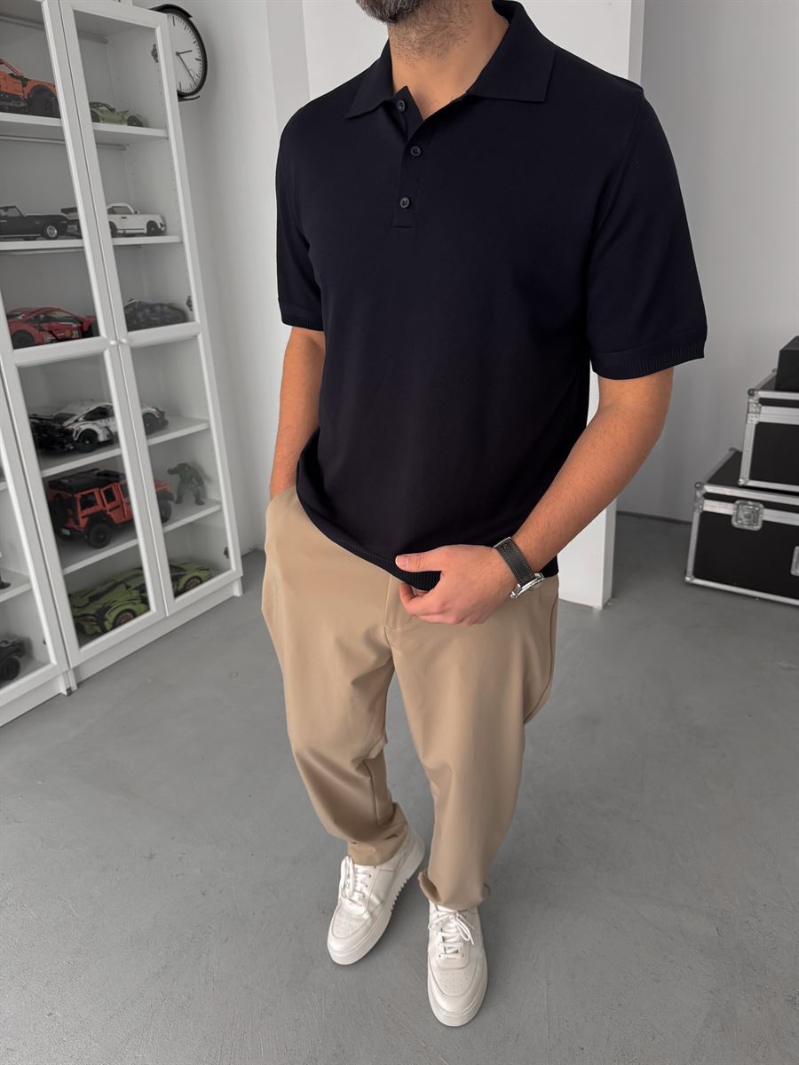Navy Buttoned Knit Polo Collar T-Shirt TW-3349