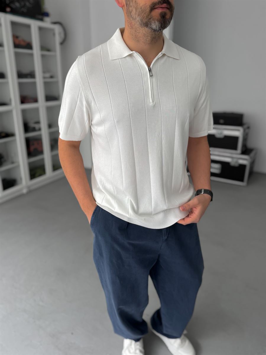 White Half-Zip Knit T-Shirt TW-3352