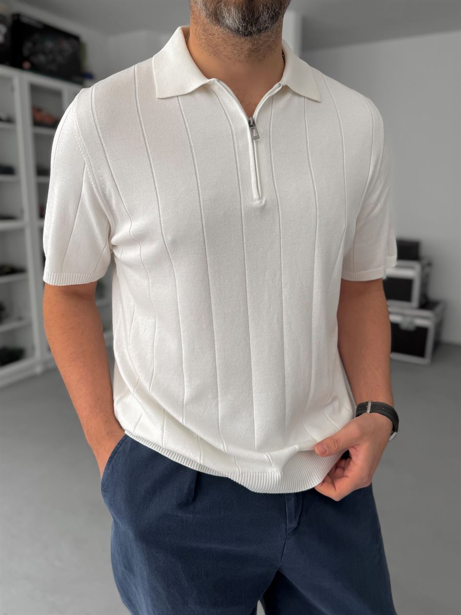 White Half-Zip Knit T-Shirt TW-3352