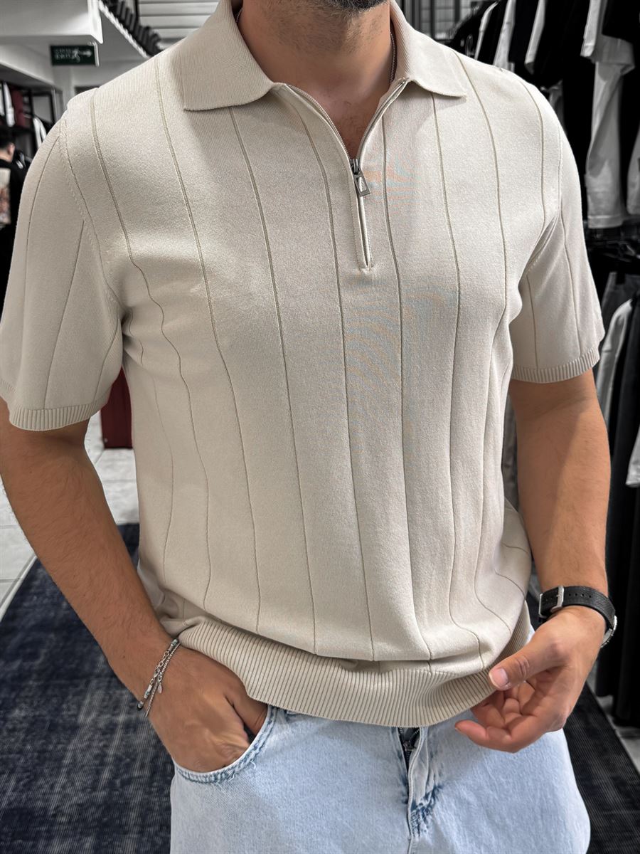Beige Half-Zip Knit T-Shirt TW-3352