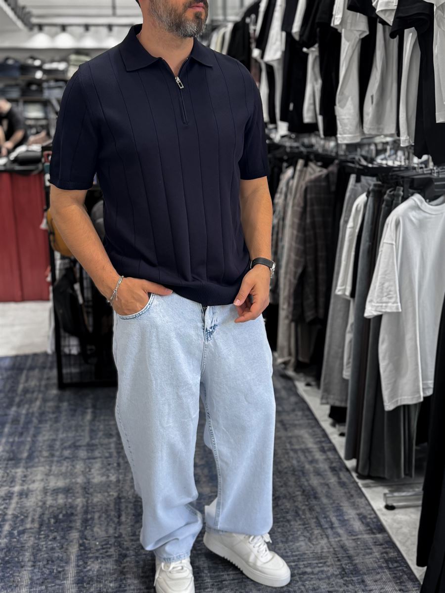 Navy Blue Half-Zip Knit T-Shirt TW-3352