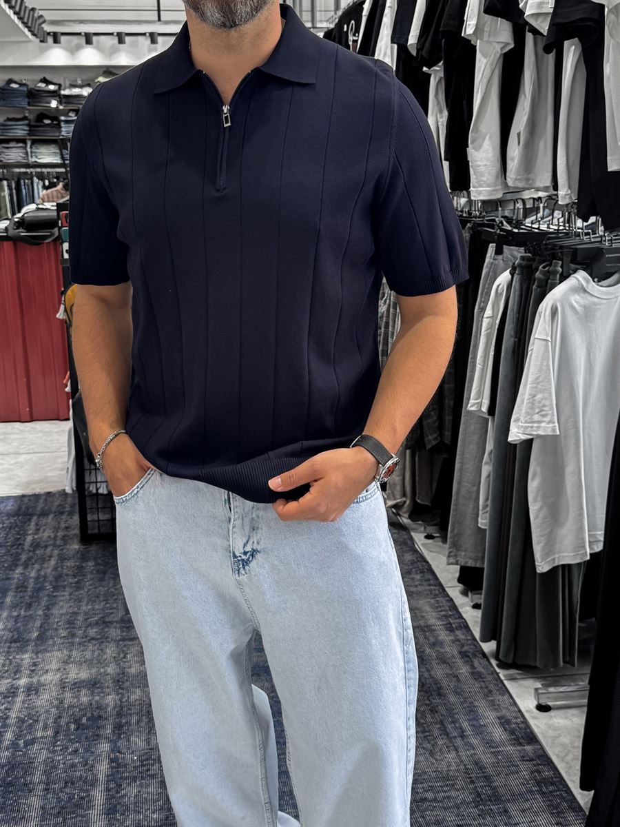 Navy Blue Half-Zip Knit T-Shirt TW-3352