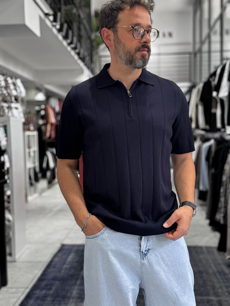 Navy Blue Half-Zip Knit T-Shirt TW-3352