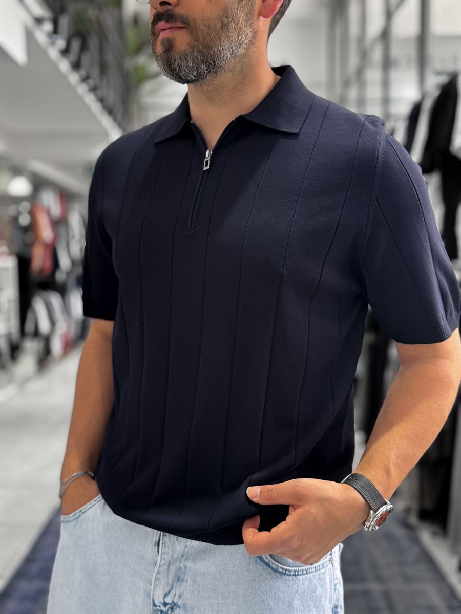 Navy Blue Half-Zip Knit T-Shirt TW-3352