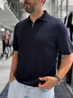Navy Blue Half-Zip Knit T-Shirt TW-3352