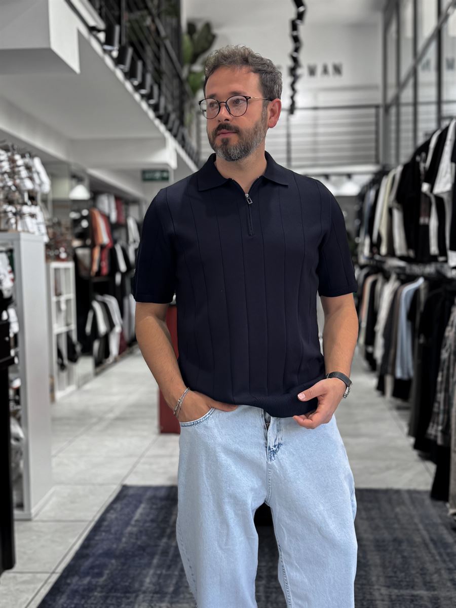 Navy Blue Half-Zip Knit T-Shirt TW-3352