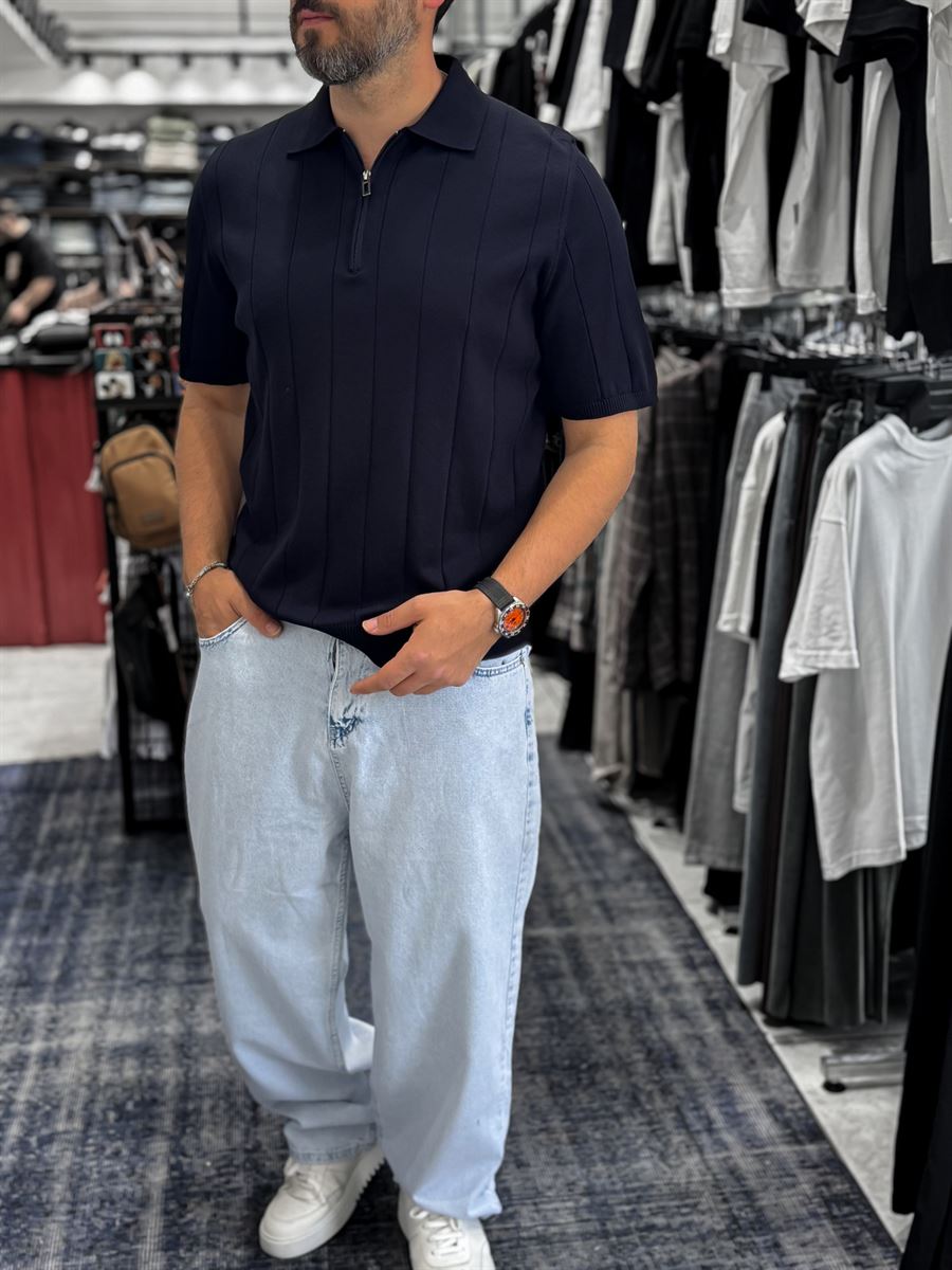 Navy Blue Half-Zip Knit T-Shirt TW-3352