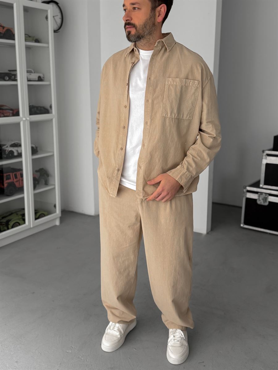 Beige Washed Oversize Shirt with Pockets TW-1039