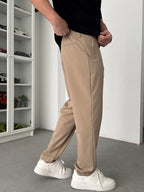 Beige Regular Fit Fabric Trousers TW-7083