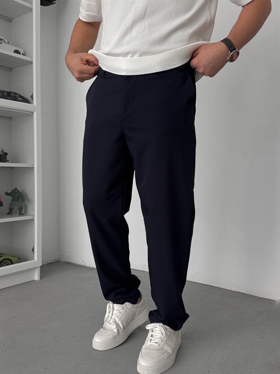 Navy Blue Regular Fit Fabric Trousers TW-7083