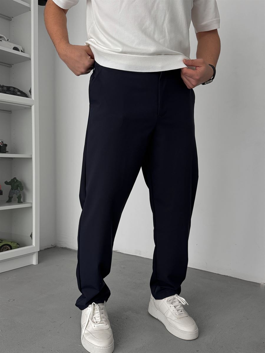 Navy Blue Regular Fit Fabric Trousers TW-7083