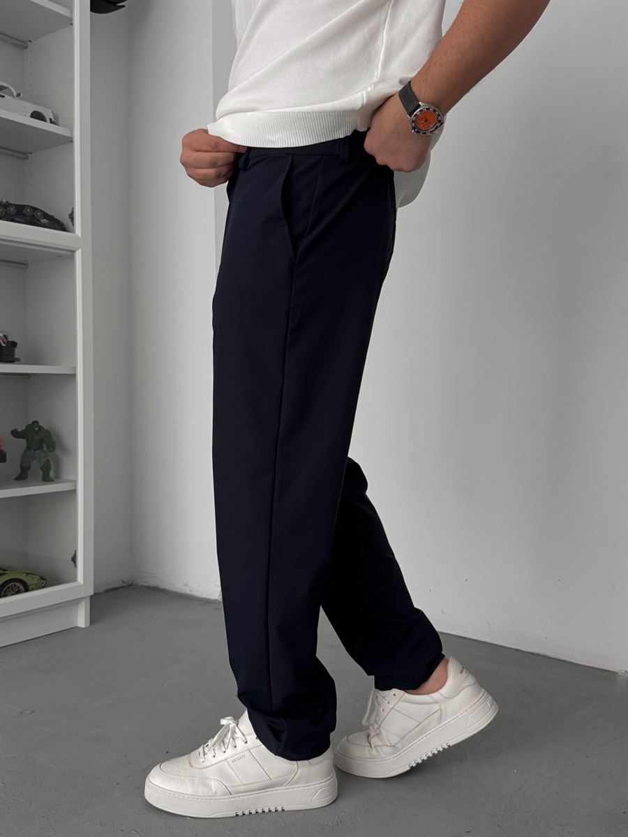 Navy Blue Regular Fit Fabric Trousers TW-7083