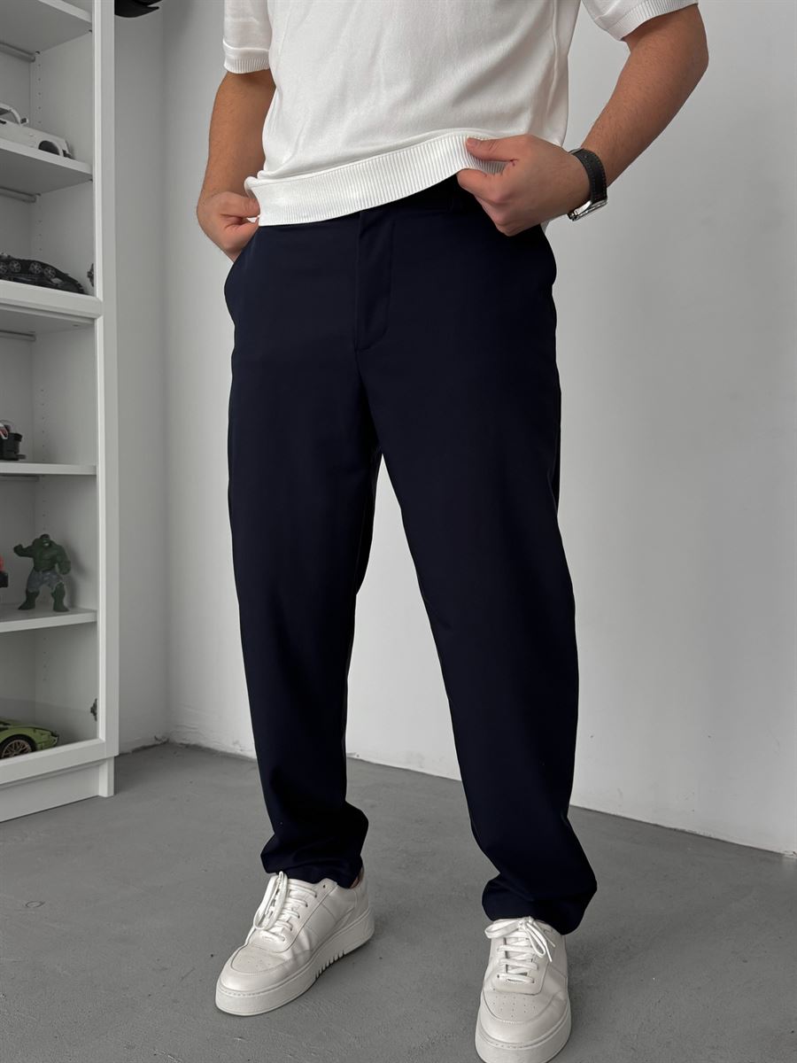 Navy Blue Regular Fit Fabric Trousers TW-7083