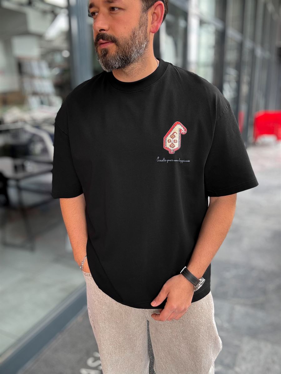 Black Happiness Patch Oversize T-Shirt SW-5125