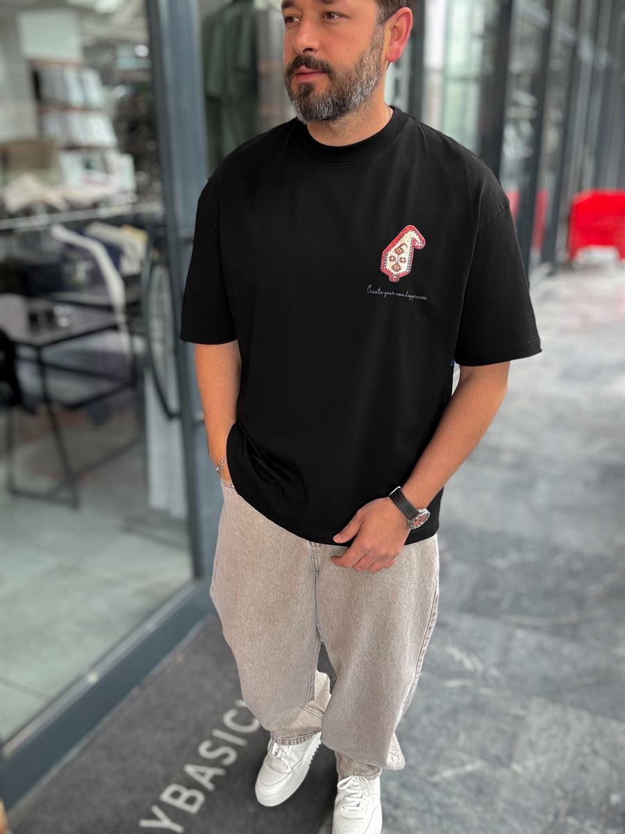 Black Happiness Patch Oversize T-Shirt SW-5125
