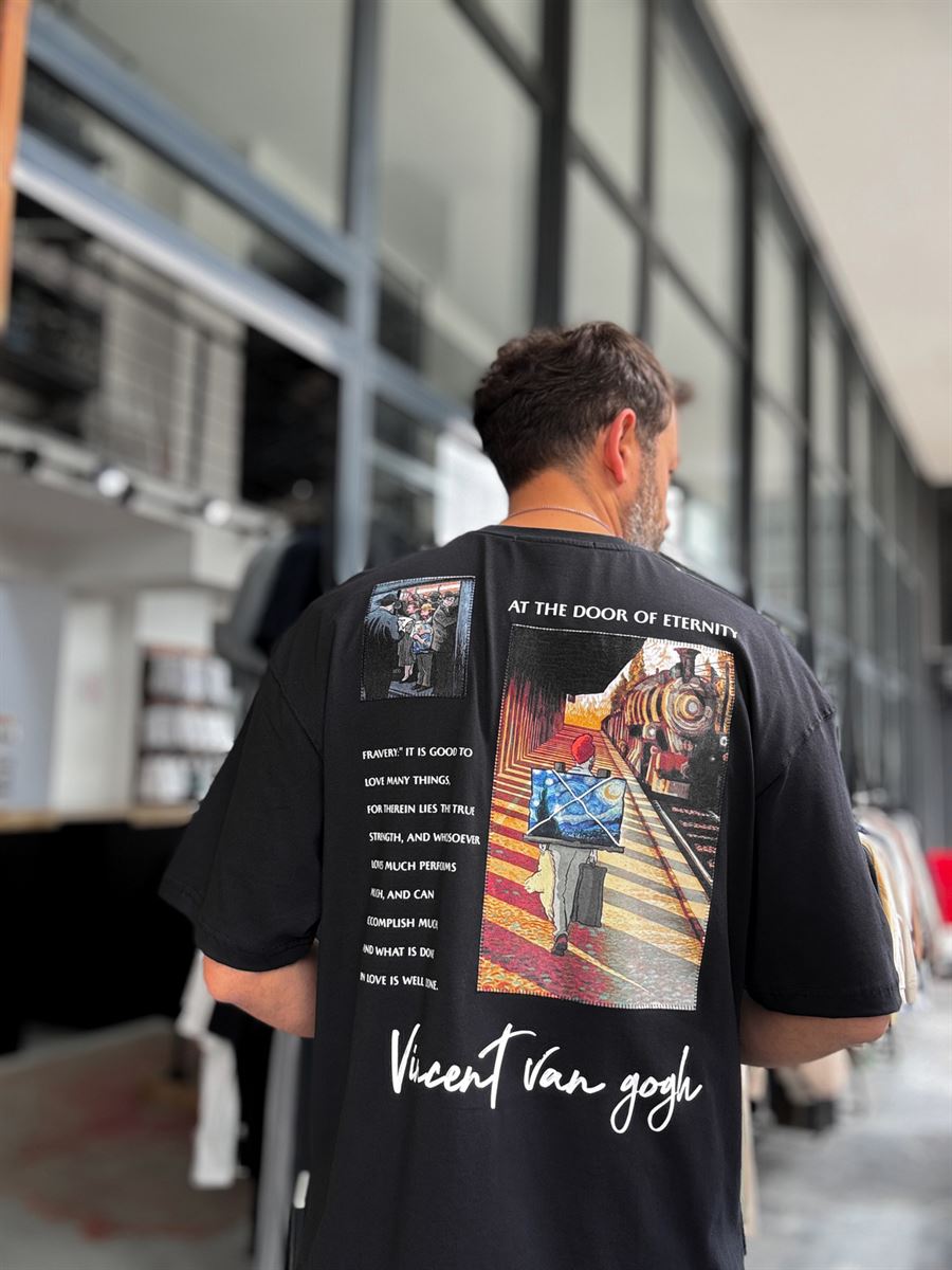Navy Blue Van Gogh Patchwork Oversize T-Shirt SW-5142