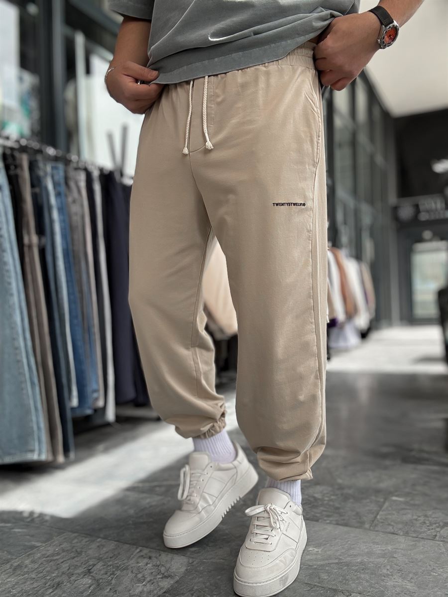 Beige Sweatpants with Elasticated Hem, Washed Finish, TW-1162