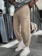 Beige Sweatpants with Elasticated Hem, Washed Finish, TW-1162