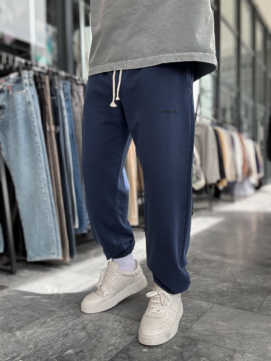 Navy Blue Sweatpants with Elasticated Hem, Washed Condition, TW-1162