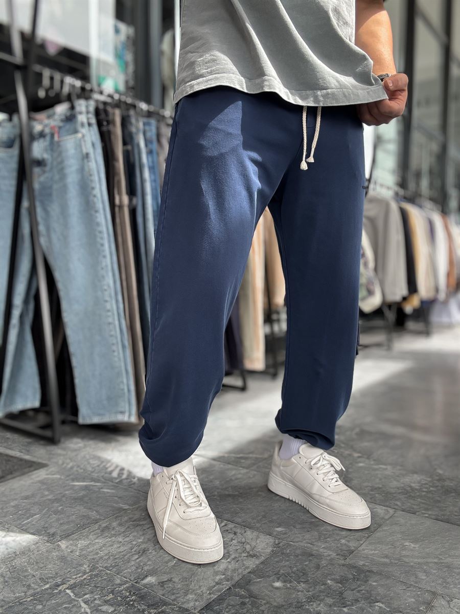 Navy Blue Sweatpants with Elasticated Hem, Washed Condition, TW-1162