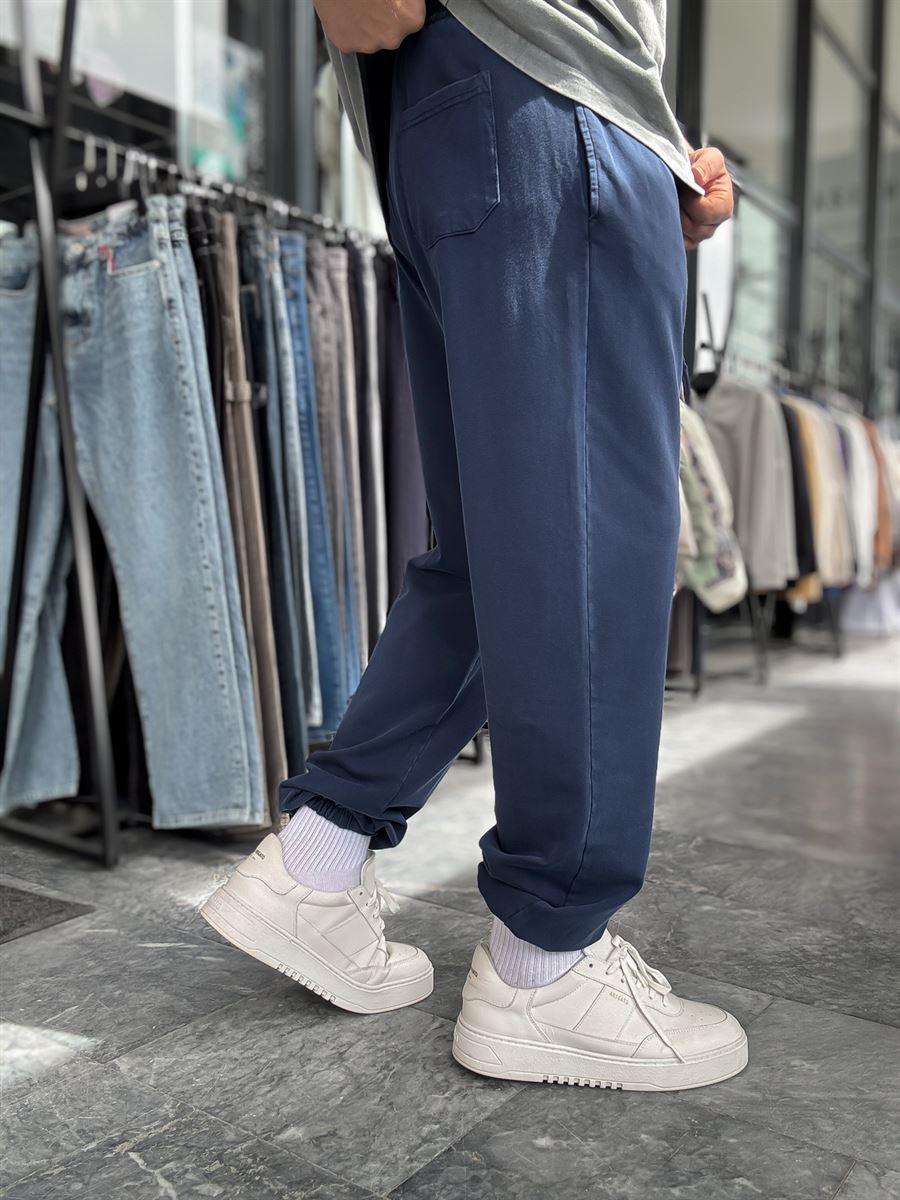 Navy Blue Sweatpants with Elasticated Hem, Washed Condition, TW-1162