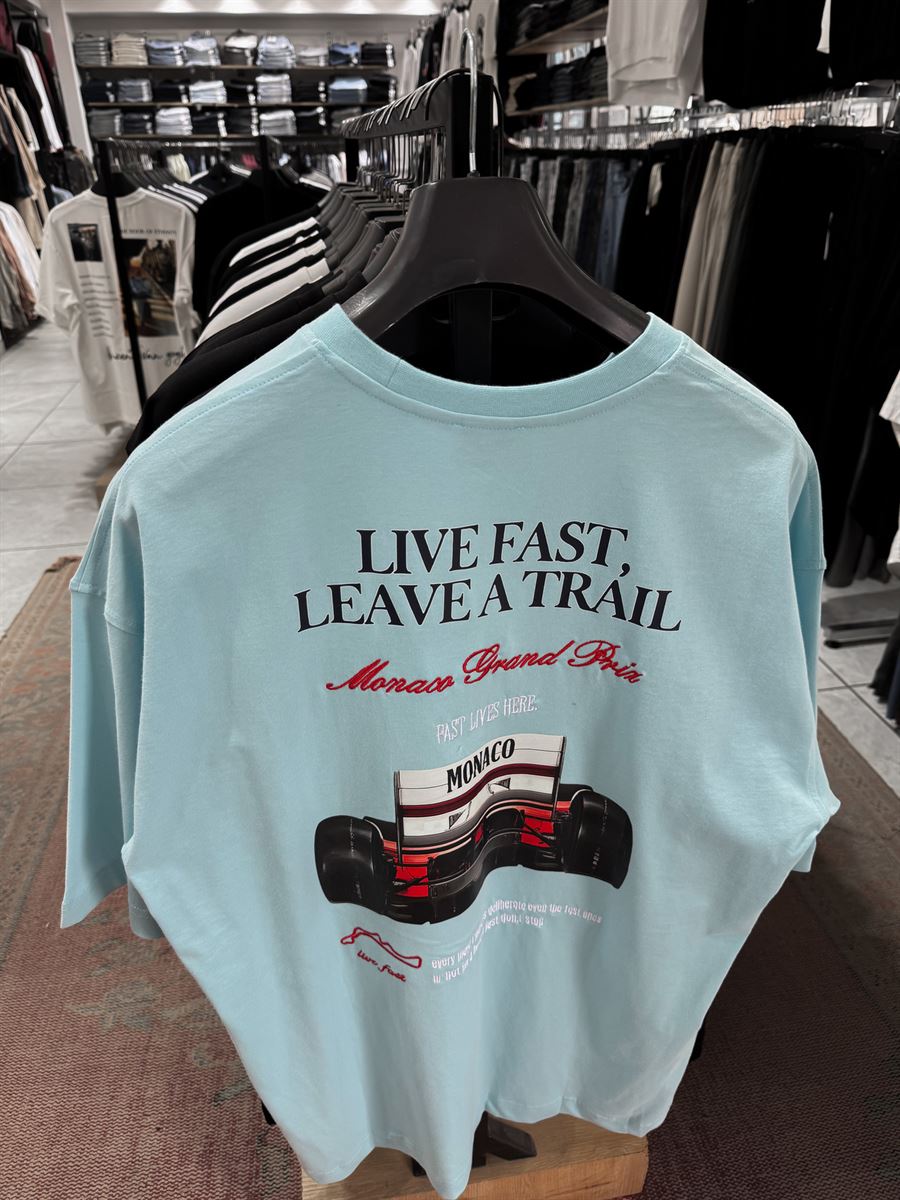 Light Blue Live Fast Embroidered Oversize T-Shirt RES-1104