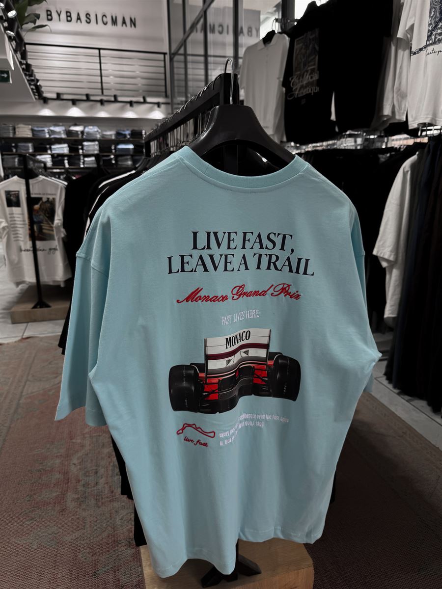 Light Blue Live Fast Embroidered Oversize T-Shirt RES-1104