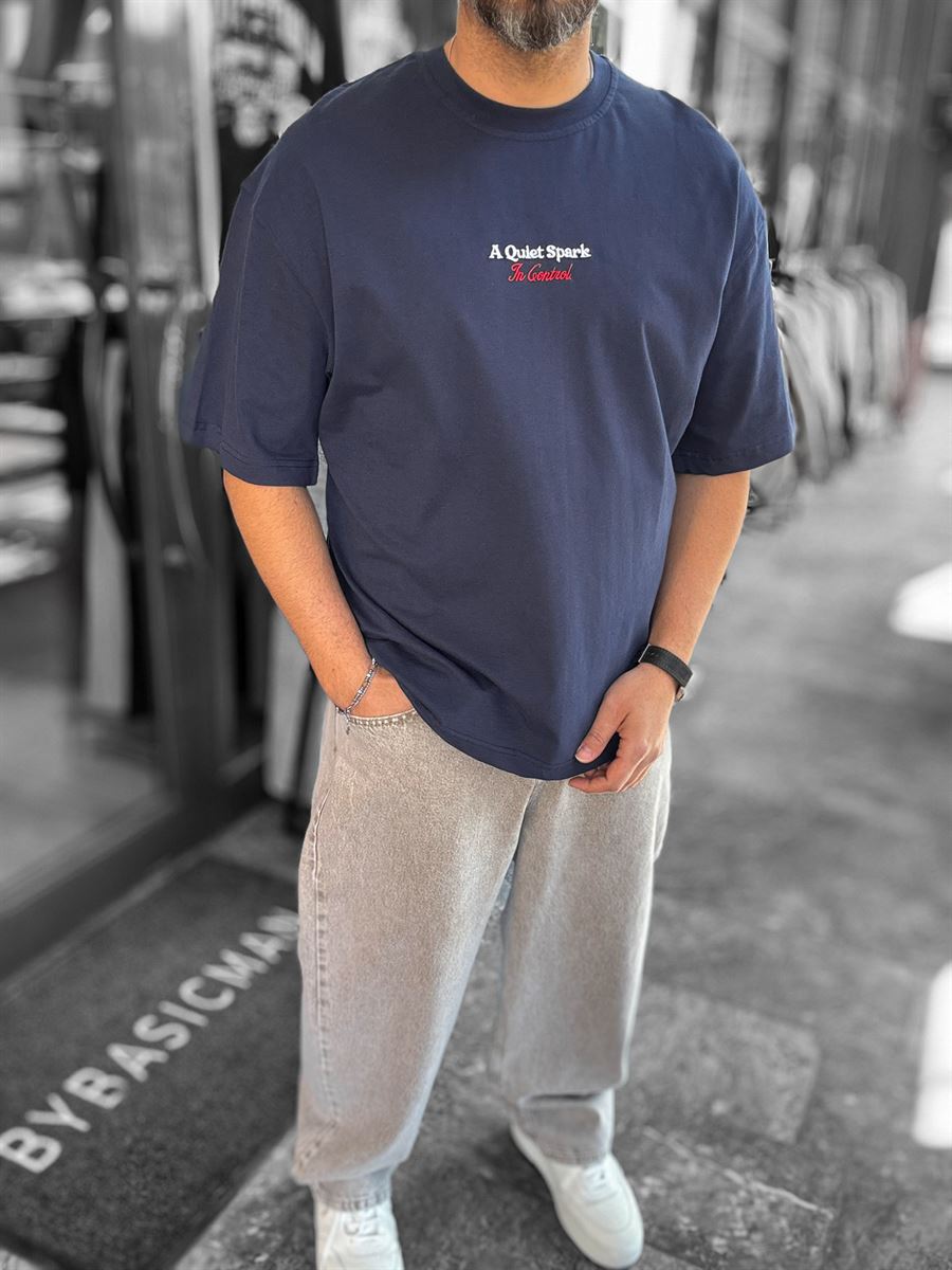 Navy Blue Spark Embroidered Oversize T-Shirt RES-1108