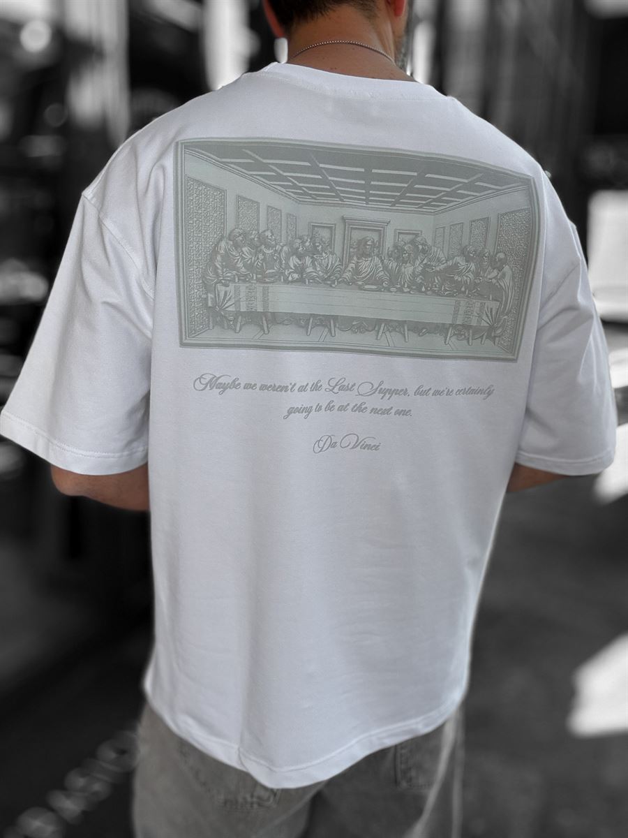 White Da Vinci Print Oversize T-Shirt RES-1030