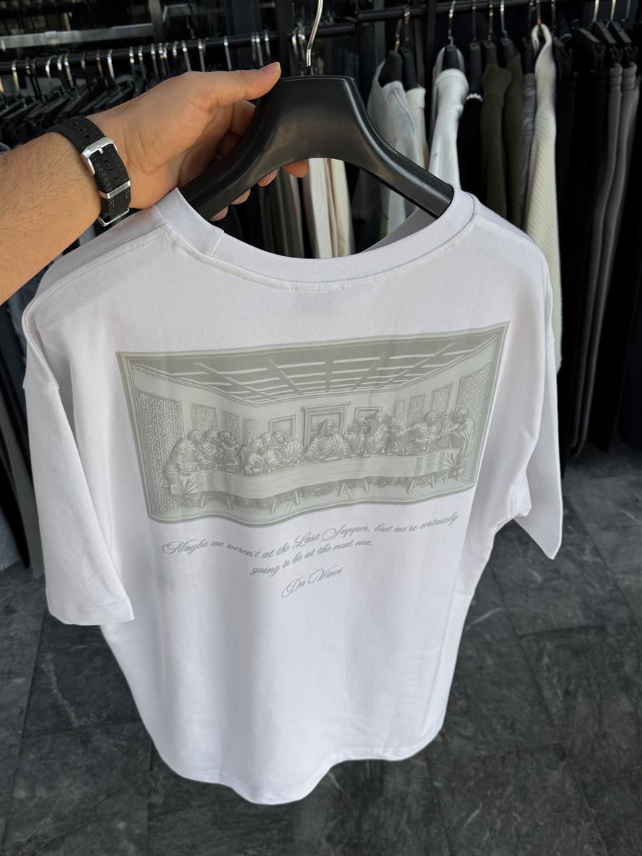 White Da Vinci Print Oversize T-Shirt RES-1030