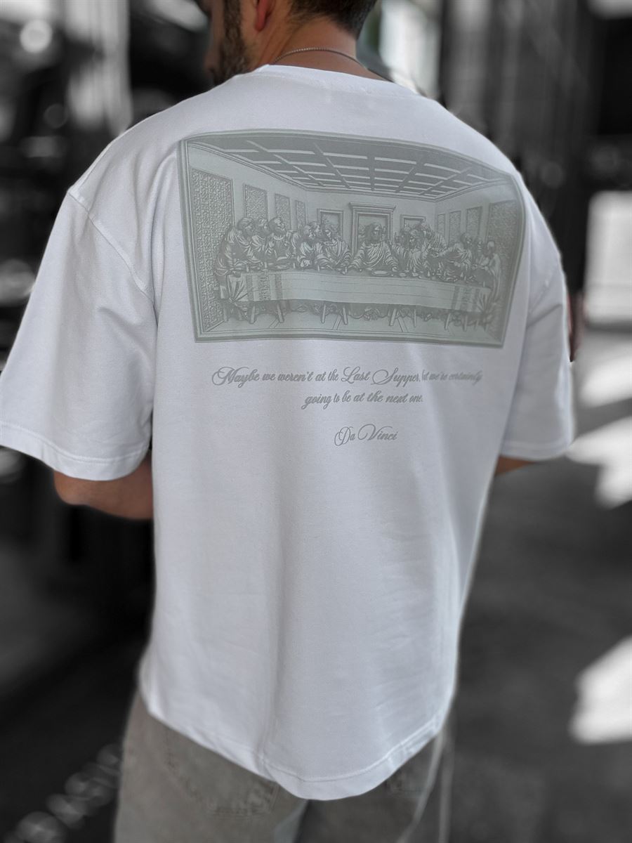 White Da Vinci Print Oversize T-Shirt RES-1030