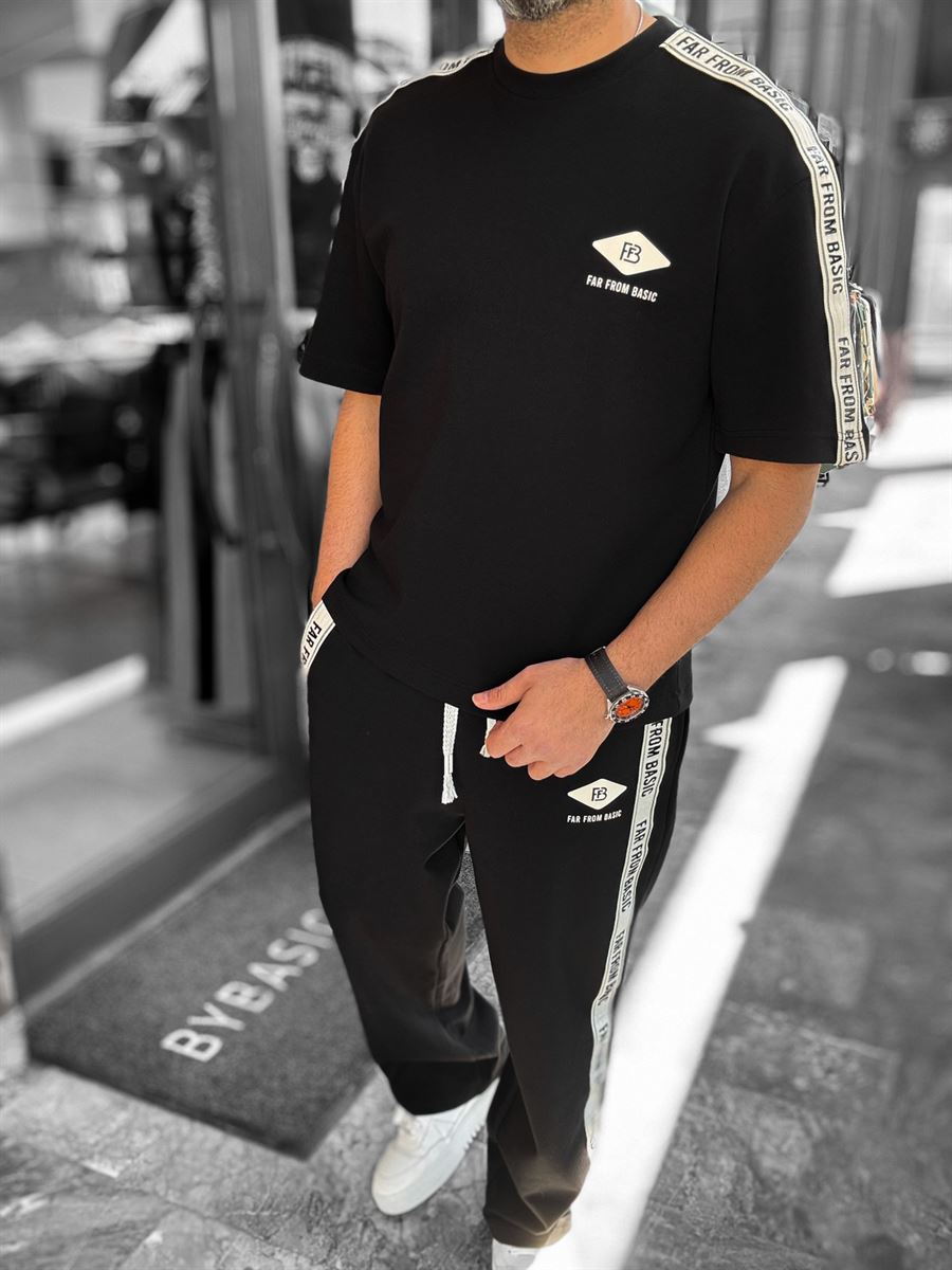 Black Far From Basic T-Shirt with Sleeve Stripe RES-1074