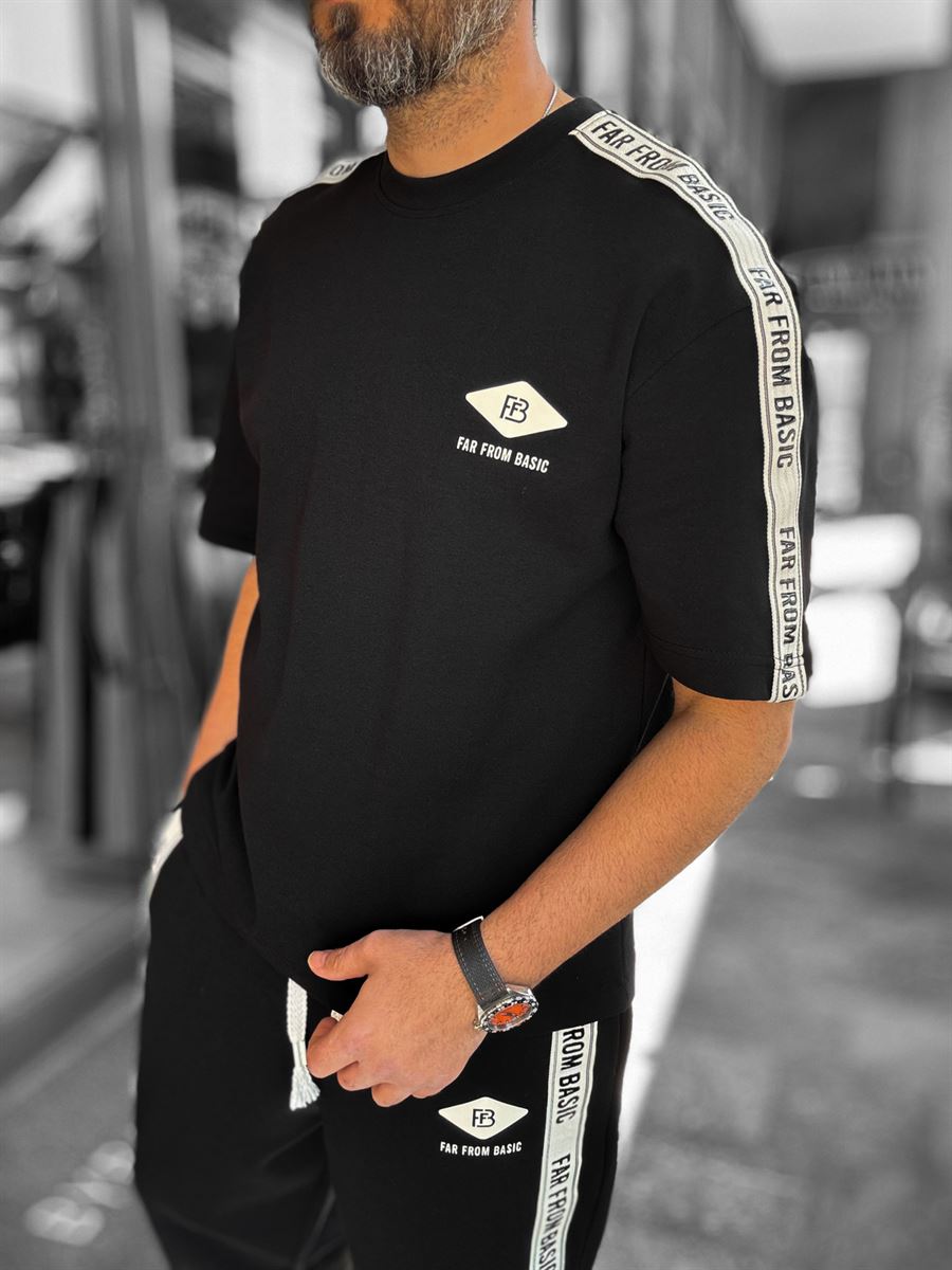 Black Far From Basic T-Shirt with Sleeve Stripe RES-1074
