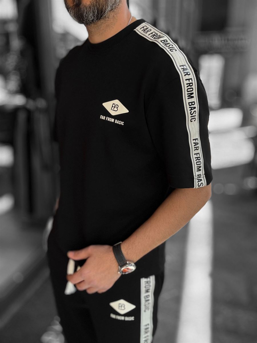 Black Far From Basic T-Shirt with Sleeve Stripe RES-1074