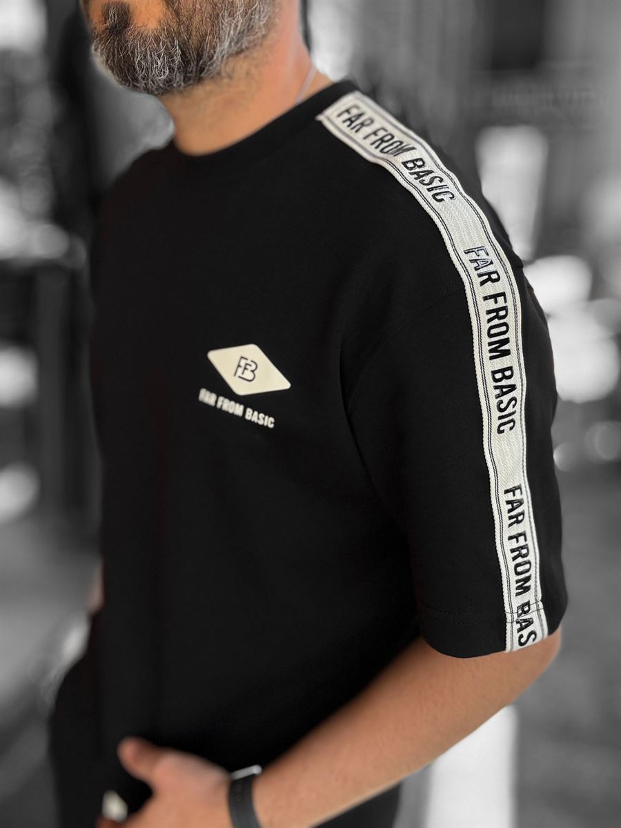 Black Far From Basic T-Shirt with Sleeve Stripe RES-1074