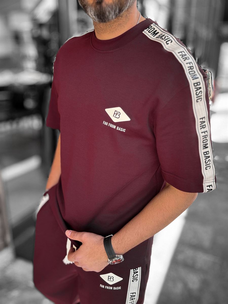 Claret Red Far From Basic Sleeve Striped T-Shirt RES-1074