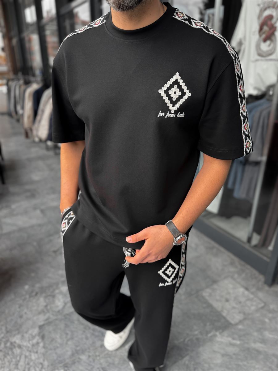 Black Ethnic T-Shirt with Sleeve Stripe RES-1076