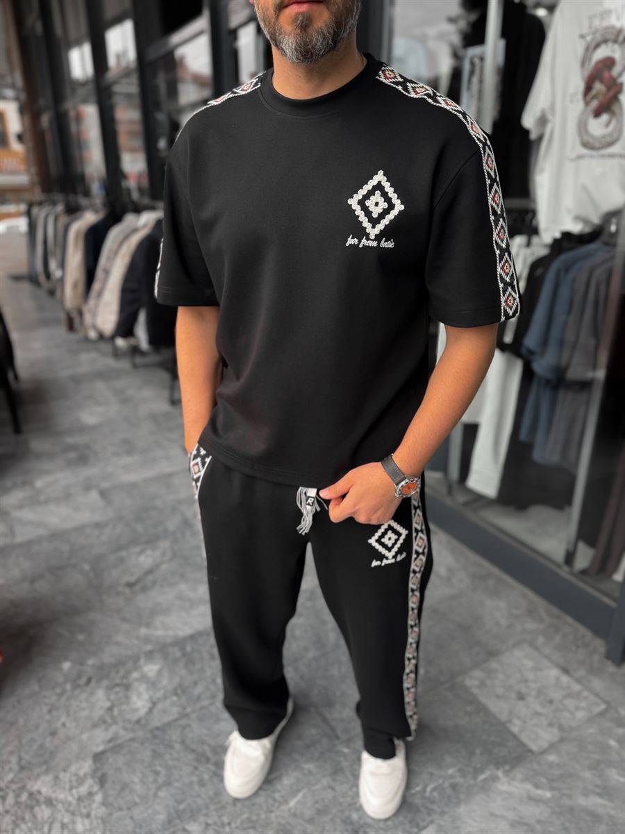 Black Ethnic T-Shirt with Sleeve Stripe RES-1076