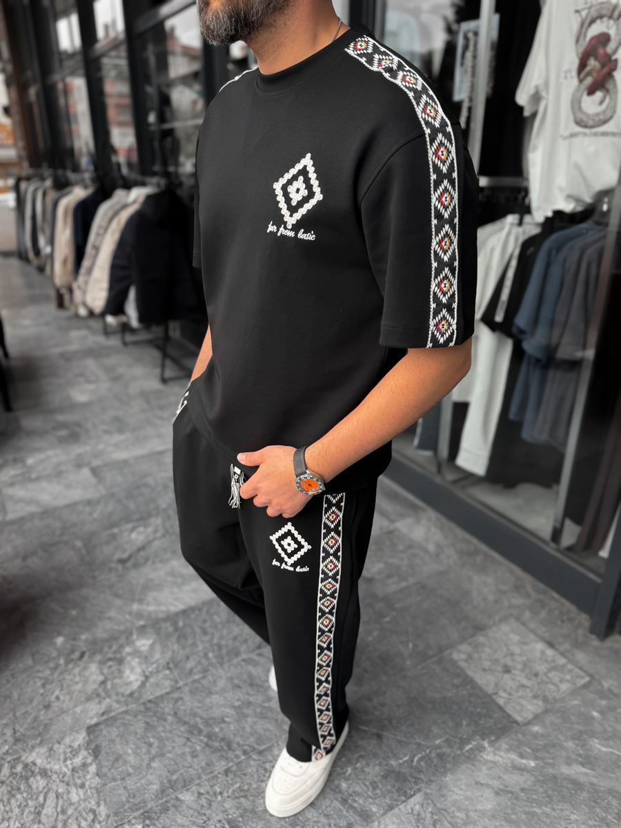 Black Ethnic T-Shirt with Sleeve Stripe RES-1076