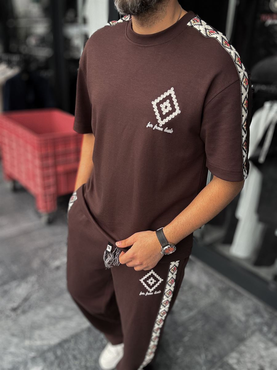 Coffee Ethnic Sleeve Striped T-Shirt RES-1076