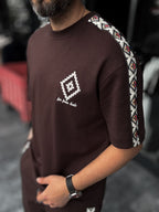 Coffee Ethnic Sleeve Striped T-Shirt RES-1076