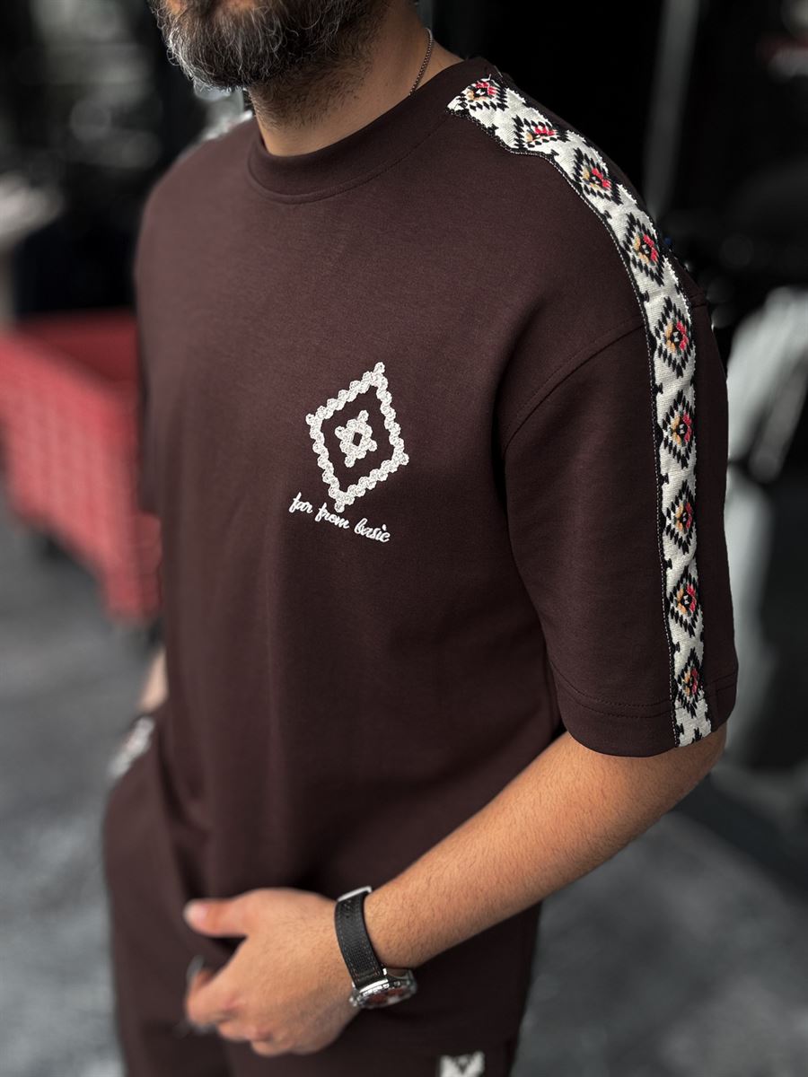 Coffee Ethnic Sleeve Striped T-Shirt RES-1076