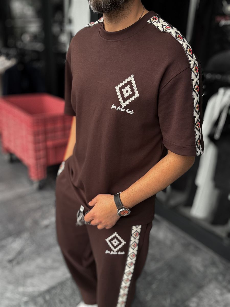 Coffee Ethnic Sleeve Striped T-Shirt RES-1076