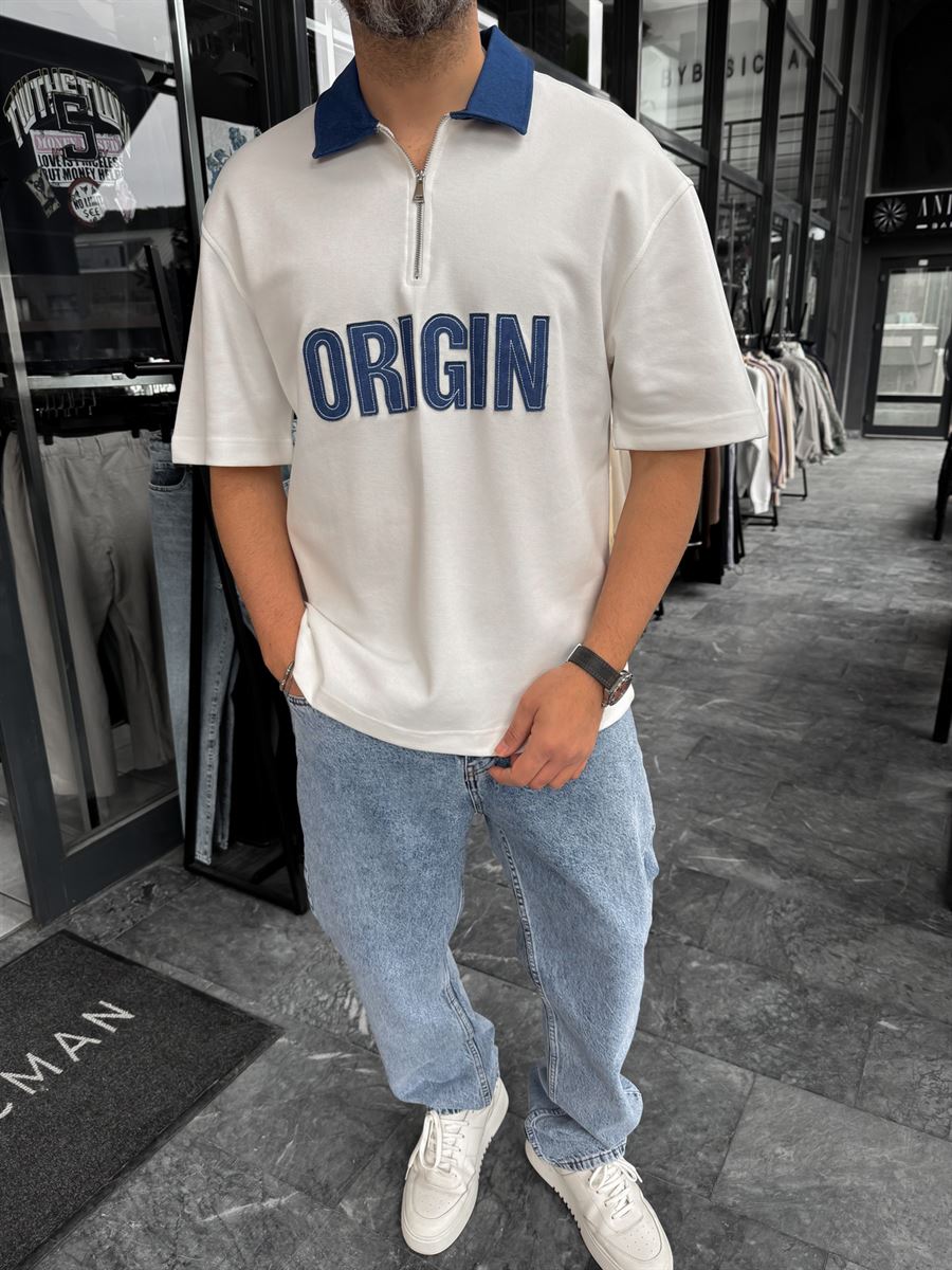 White Origin Patch Denim Collar T-Shirt RES-1095
