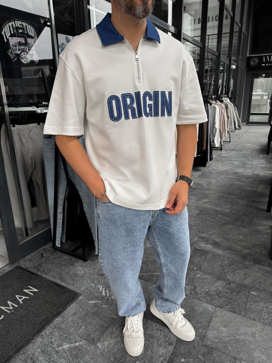 White Origin Patch Denim Collar T-Shirt RES-1095