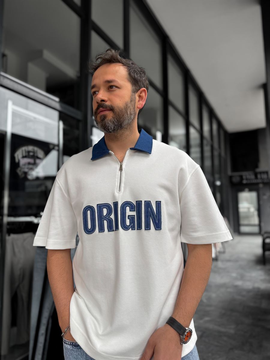 White Origin Patch Denim Collar T-Shirt RES-1095